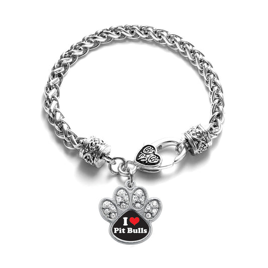 Silver I Love Pit Bulls Pave Paw Charm Braided Bracelet