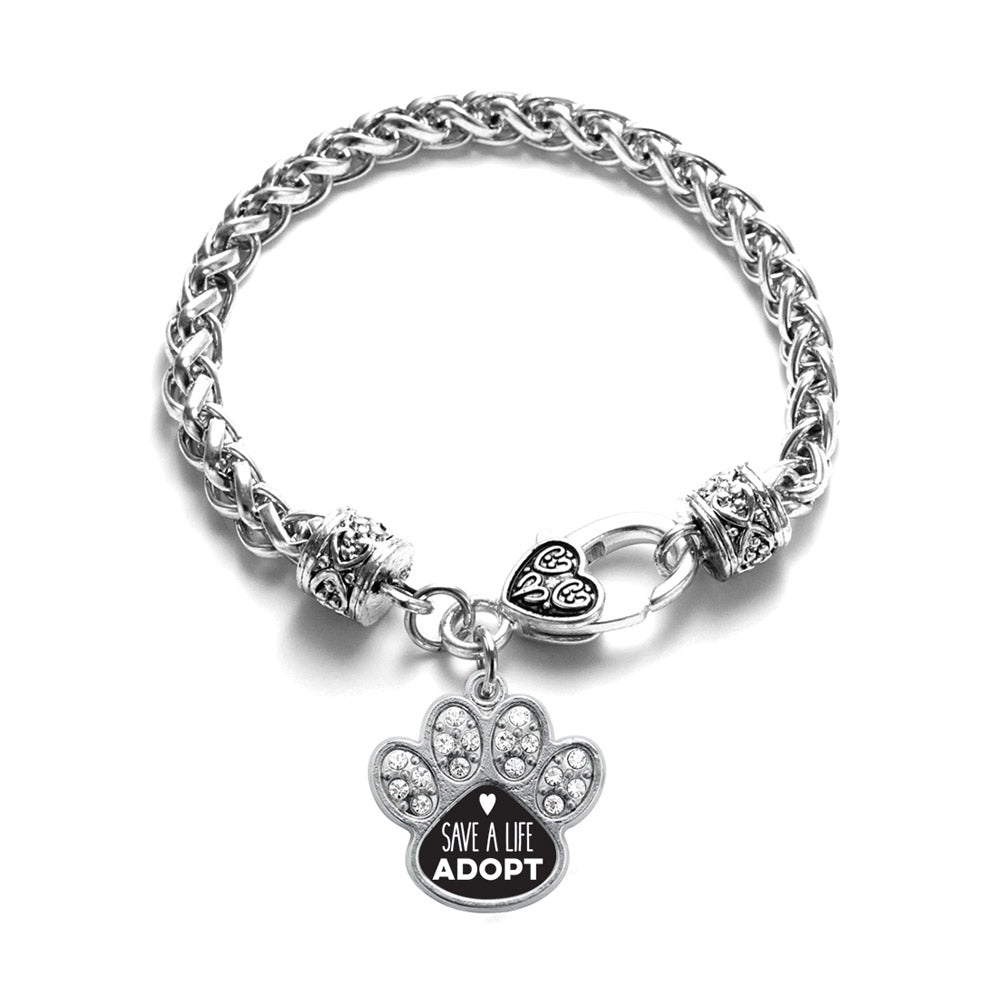 Silver Save A Life, Adopt Pave Paw Charm Braided Bracelet