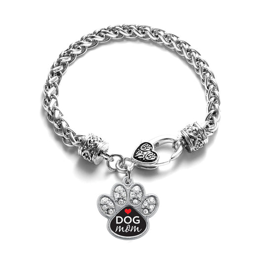 Silver Dog Mom Pave Paw Charm Braided Bracelet