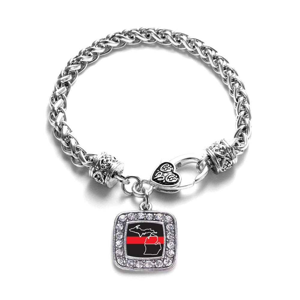 Silver Michigan Thin Red Line Square Charm Braided Bracelet