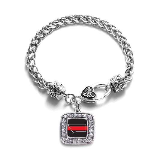 Silver Montana Thin Red Line Square Charm Braided Bracelet