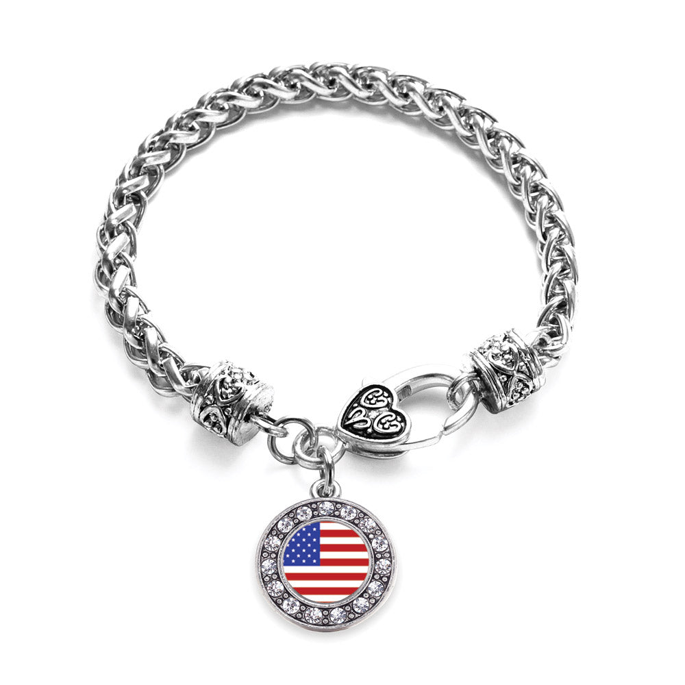 Silver American Flag Circle Charm Braided Bracelet