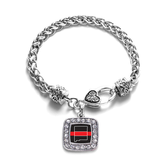 Silver New Mexico Thin Red Line Square Charm Braided Bracelet