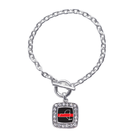 Silver New York Thin Red Line Square Charm Toggle Bracelet