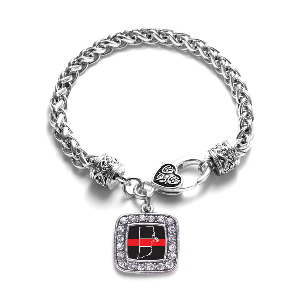 Silver Rhode Island Thin Red Line Square Charm Braided Bracelet