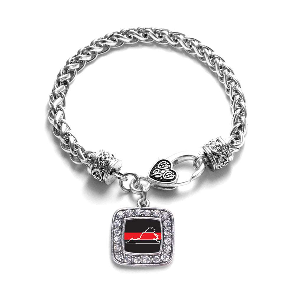 Silver Virginia Thin Red Line Square Charm Braided Bracelet