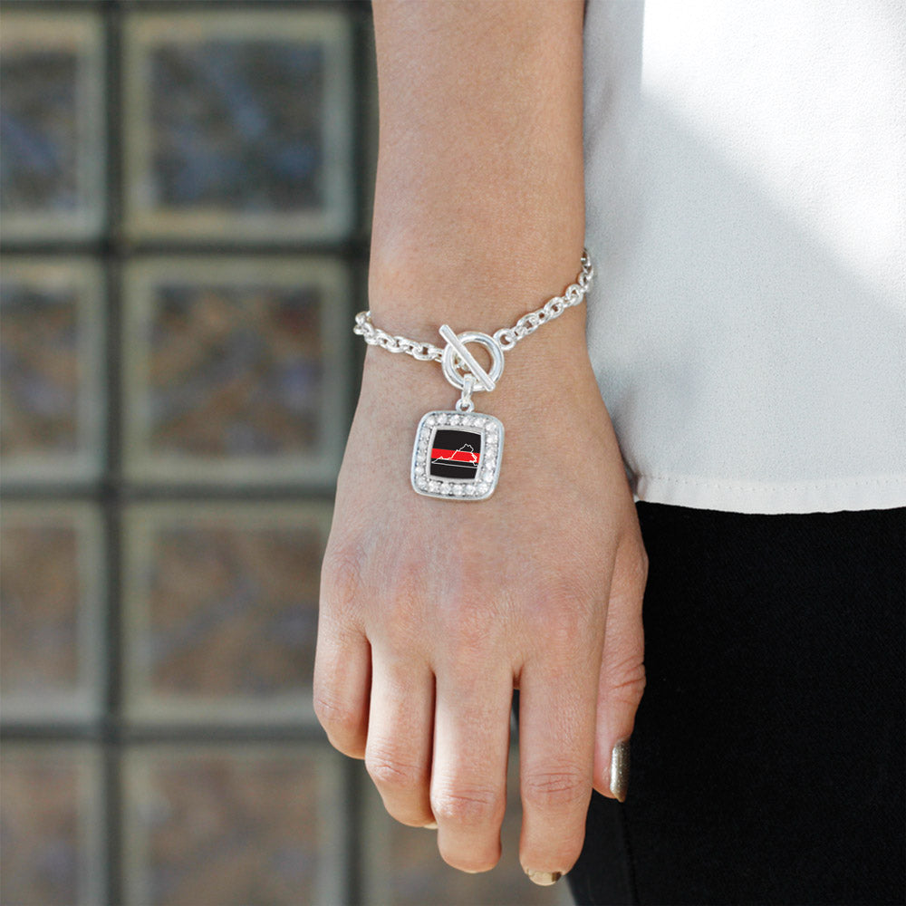 Silver Virginia Thin Red Line Square Charm Toggle Bracelet