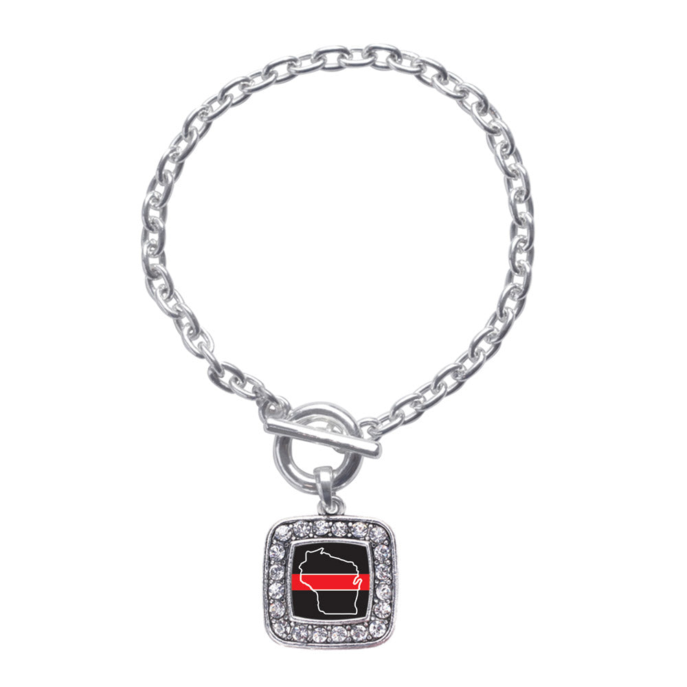 Silver Wisconsin Thin Red Line Square Charm Toggle Bracelet