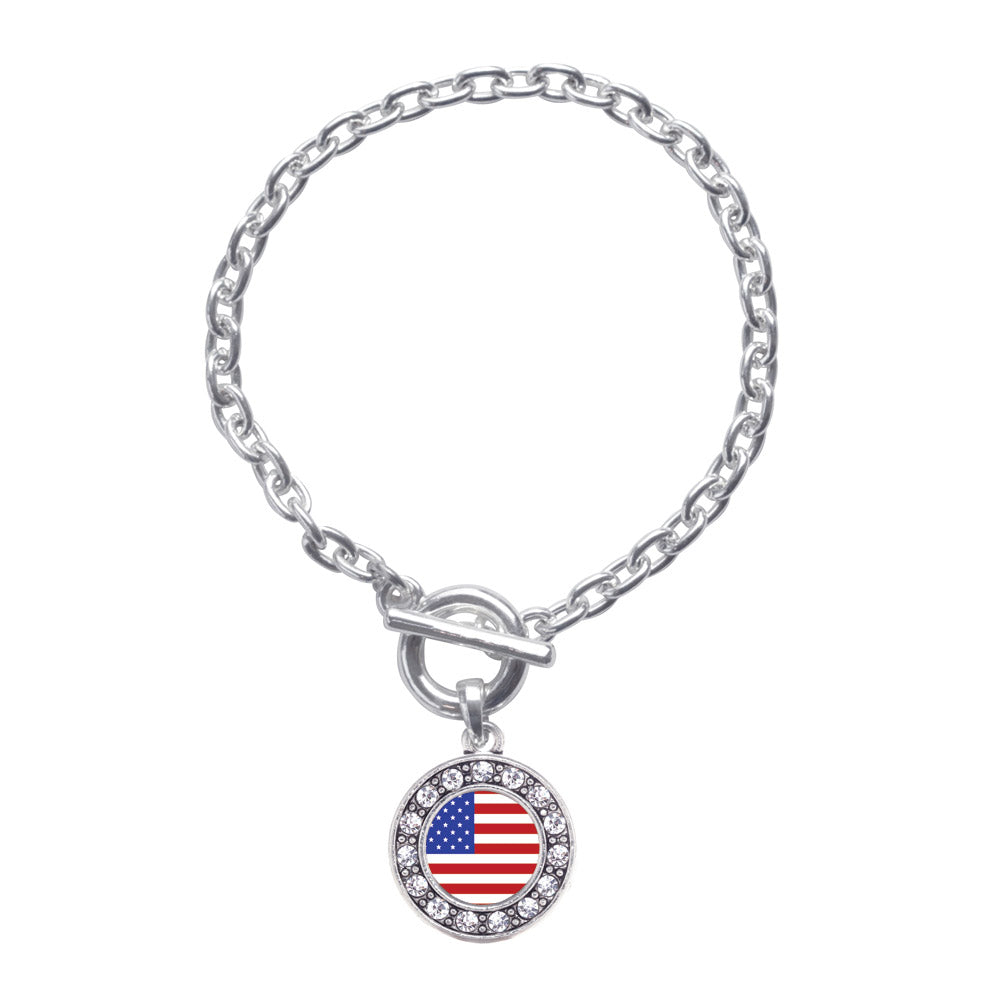 Silver American Flag Circle Charm Toggle Bracelet