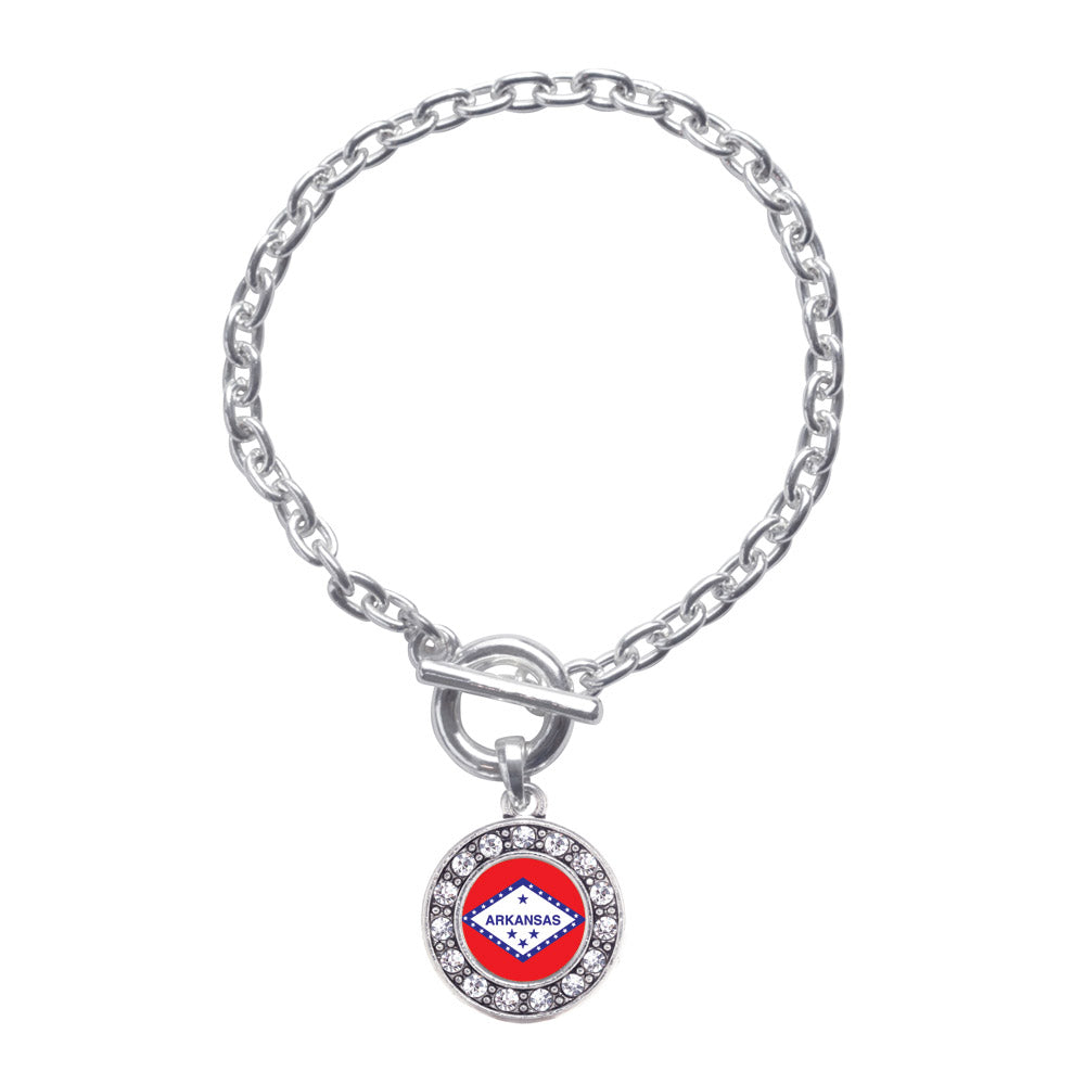 Silver Arkansas Flag Circle Charm Toggle Bracelet