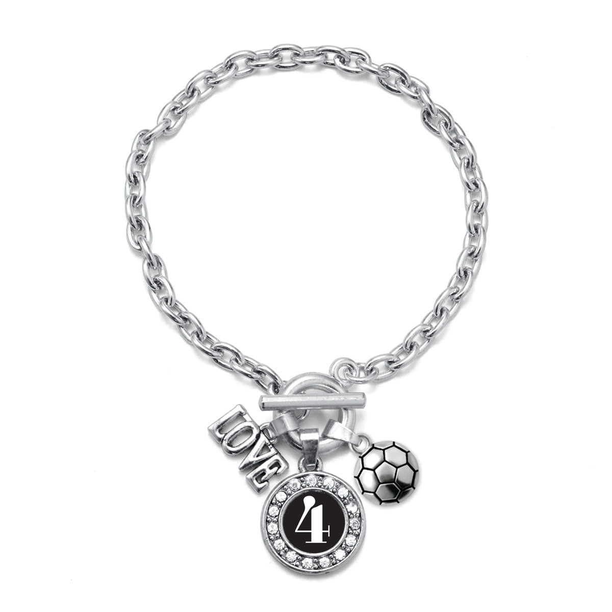 Silver Soccer - Sports Number 4 Circle Charm Toggle Bracelet