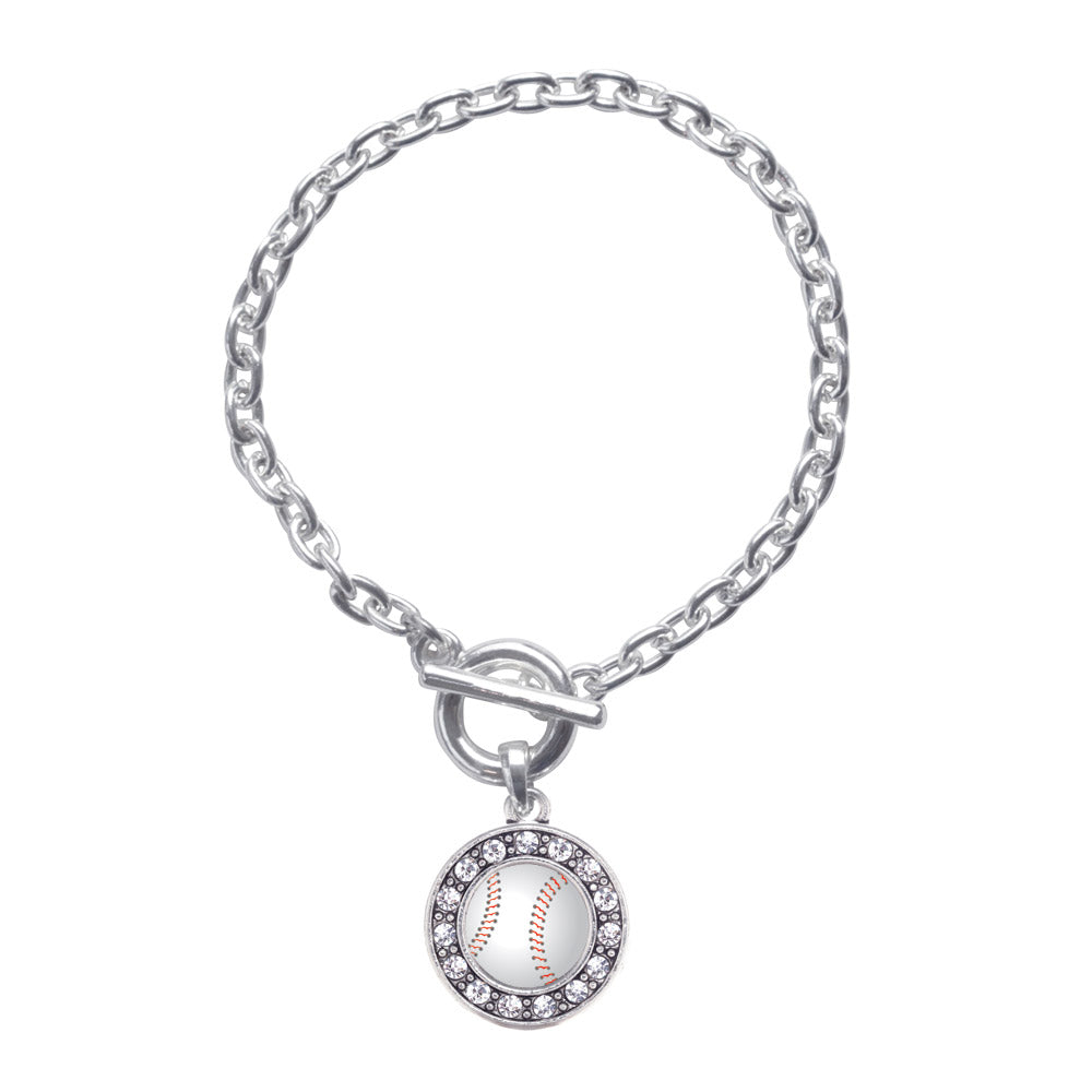 Silver Baseball Circle Charm Toggle Bracelet