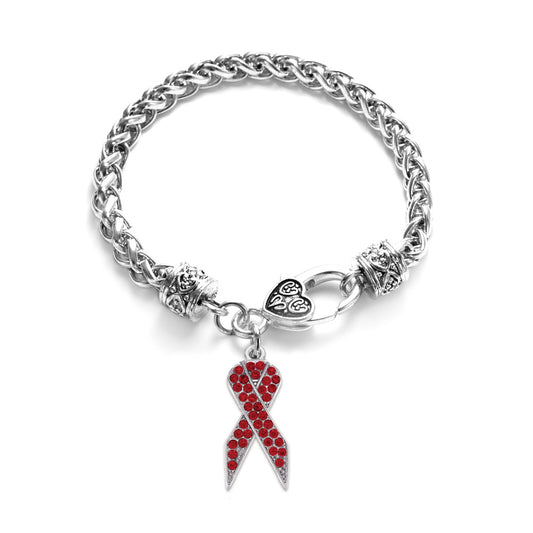 Silver Red Ribbon Charm Braided Bracelet