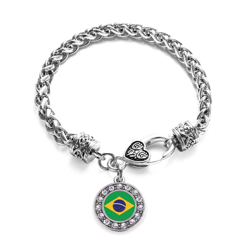 Silver Brazilian Flag Circle Charm Braided Bracelet