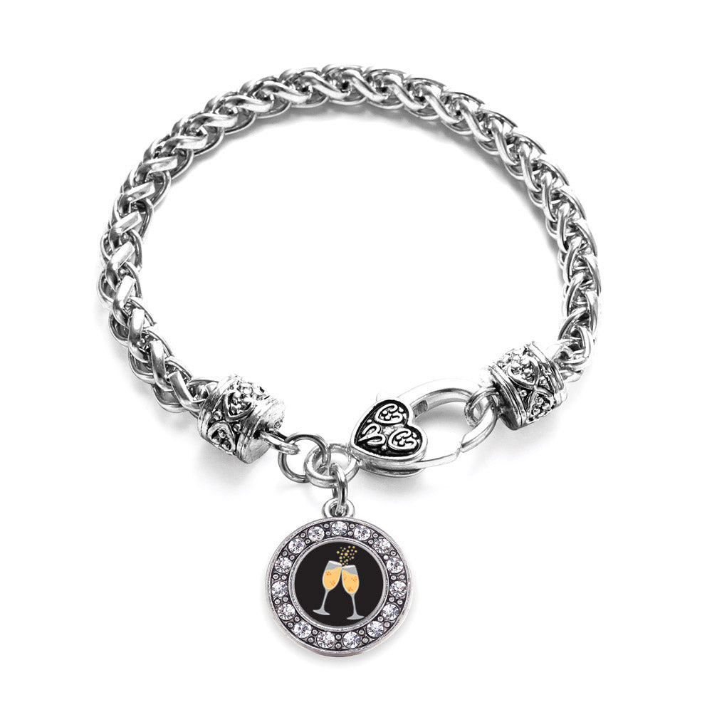 Silver Champagne Cheers Circle Charm Braided Bracelet