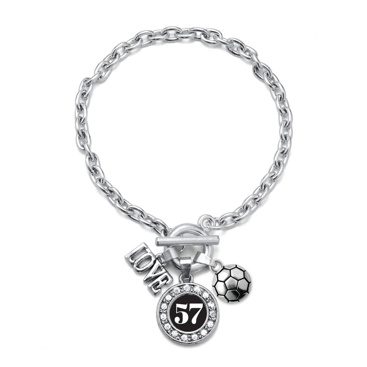 Silver Soccer - Sports Number 57 Circle Charm Toggle Bracelet