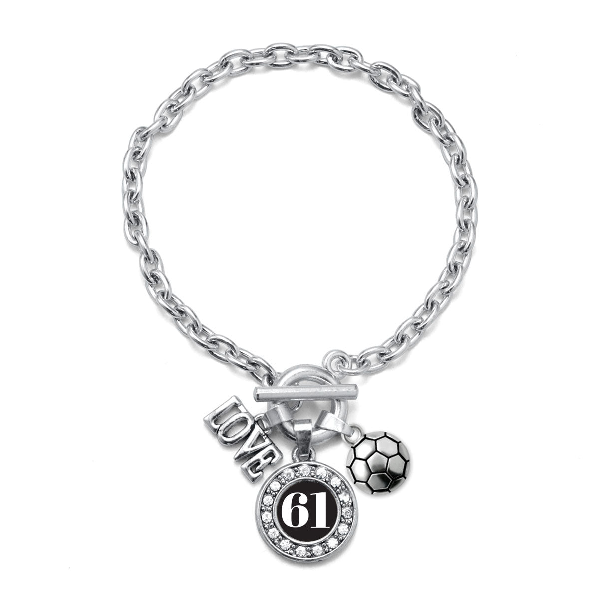 Silver Soccer - Sports Number 61 Circle Charm Toggle Bracelet