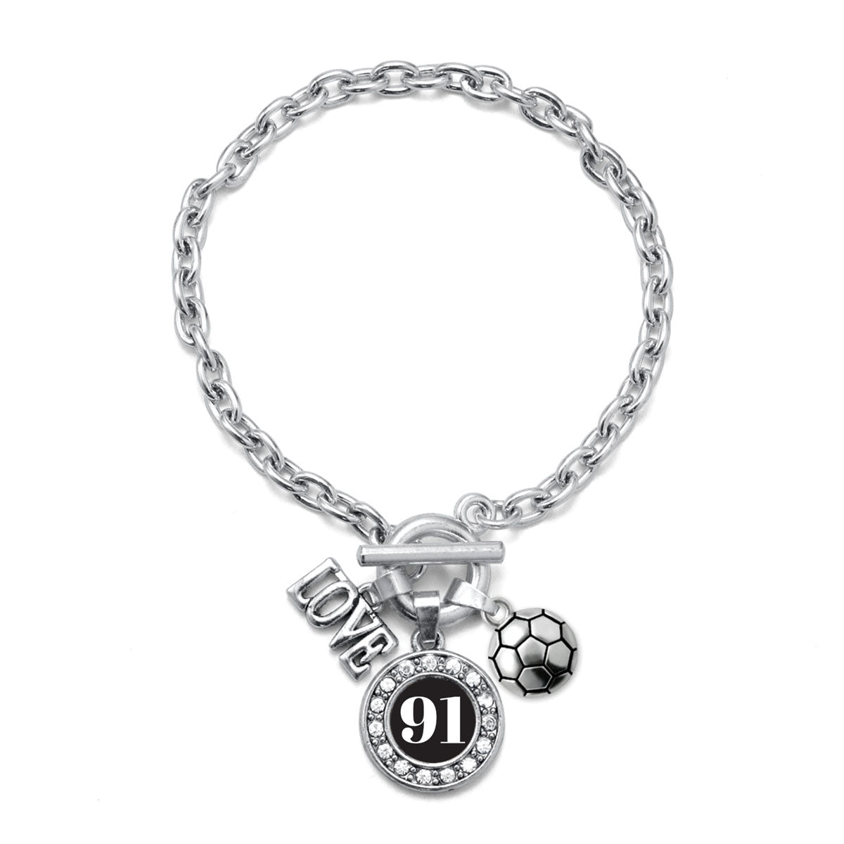 Silver Soccer - Sports Number 91 Circle Charm Toggle Bracelet