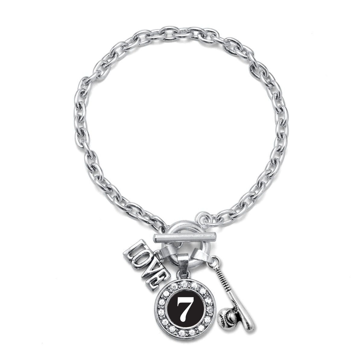 Silver Baseball Bat - Sports Number 7 Circle Charm Toggle Bracelet