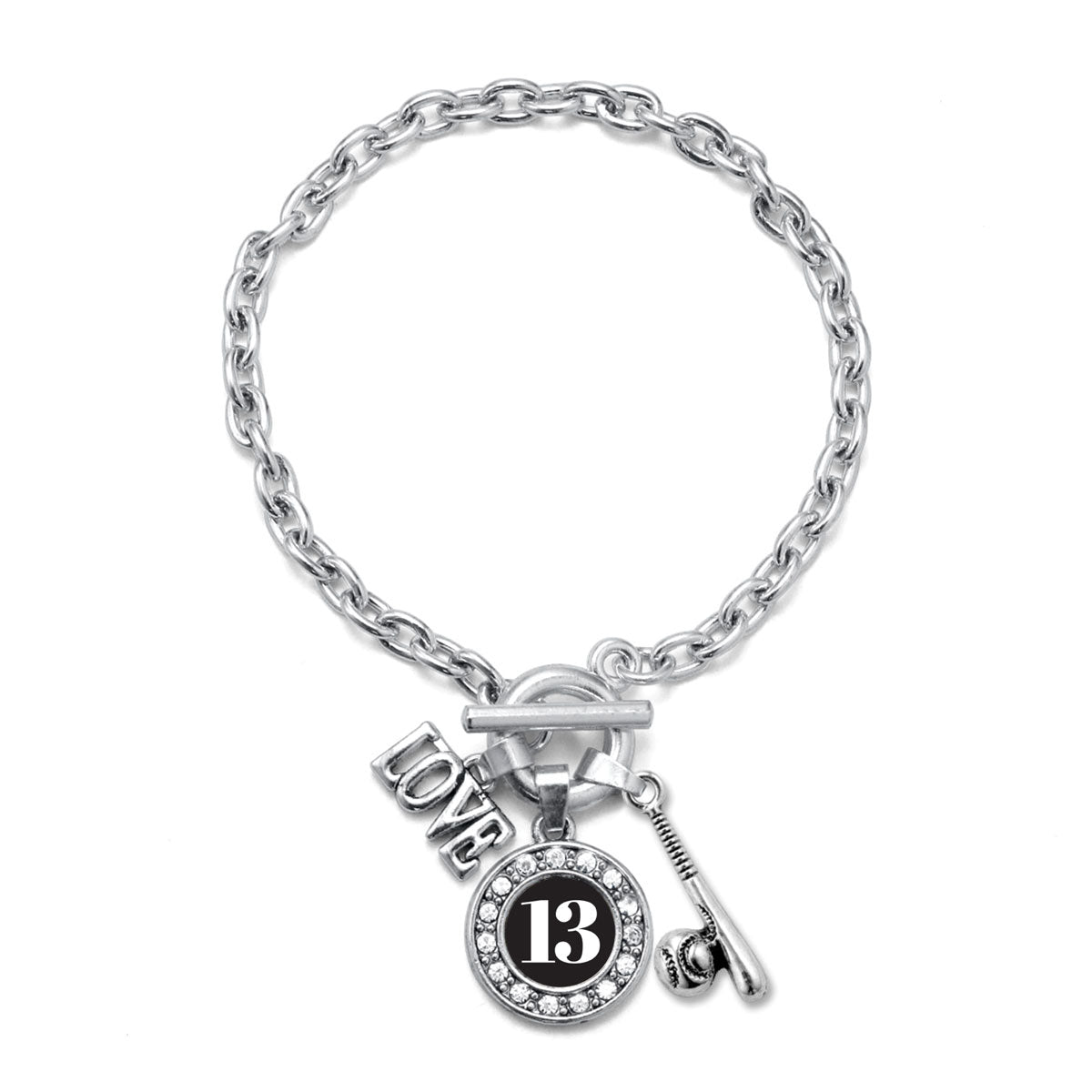 Silver Baseball Bat - Sports Number 13 Circle Charm Toggle Bracelet