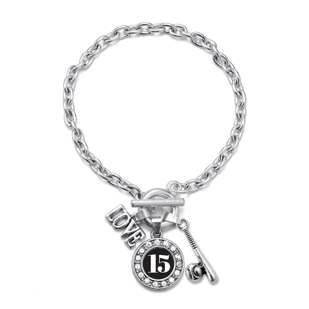 Silver Baseball Bat - Sports Number 15 Circle Charm Toggle Bracelet