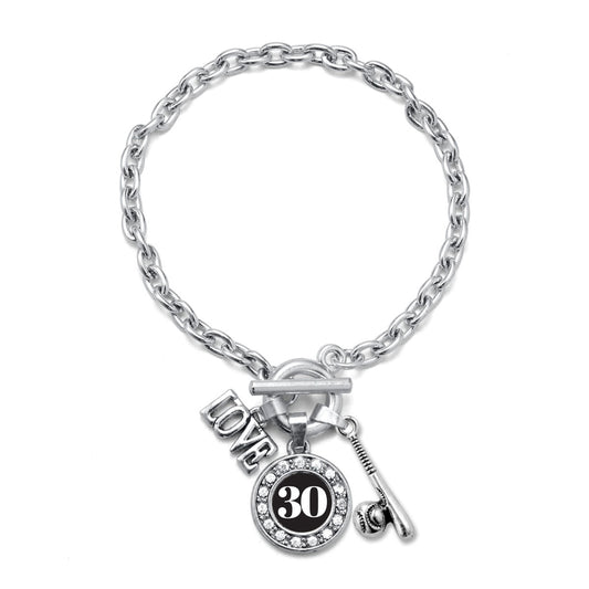 Silver Baseball Bat - Sports Number 30 Circle Charm Toggle Bracelet
