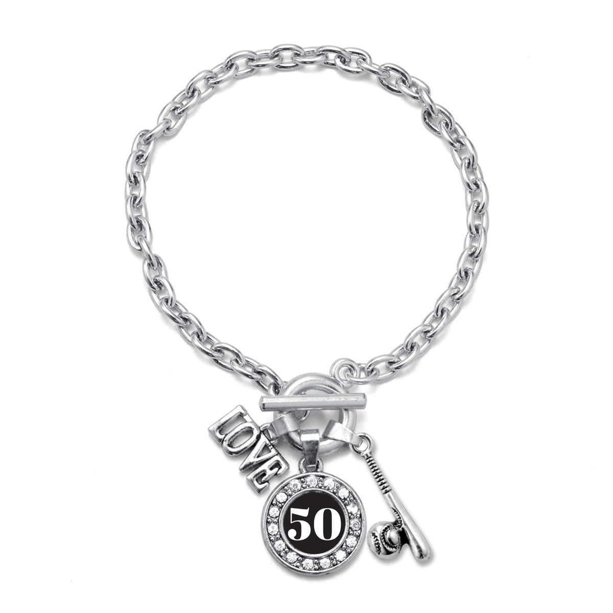 Silver Baseball Bat - Sports Number 50 Circle Charm Toggle Bracelet