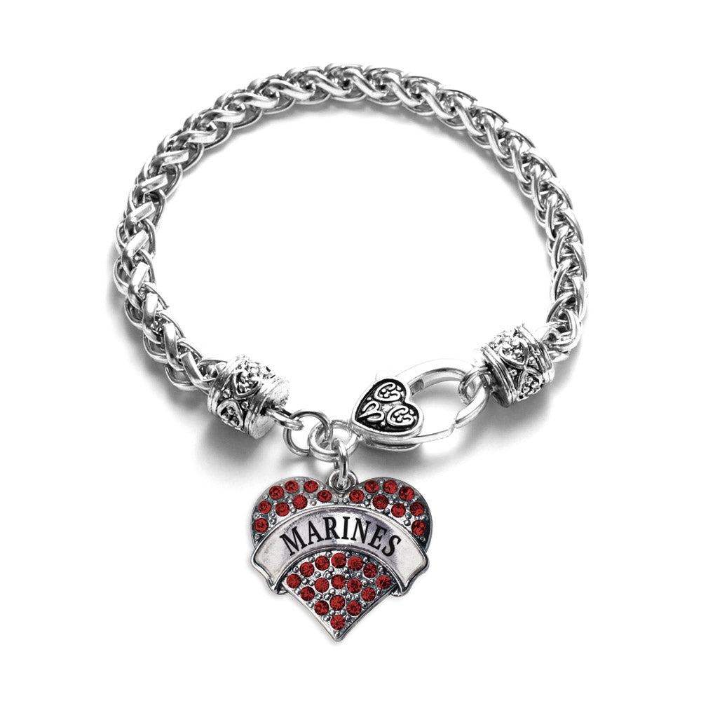 Silver Marines Red Pave Heart Charm Braided Bracelet