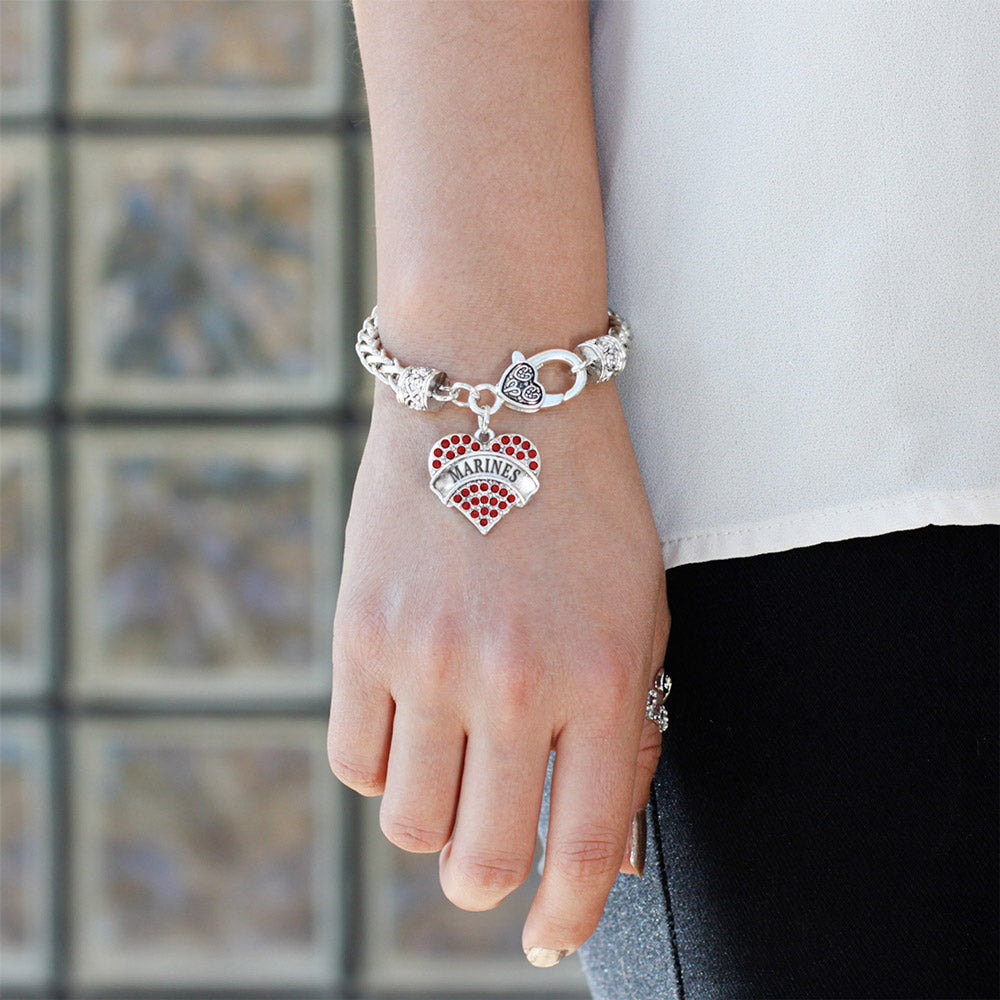 Silver Marines Red Pave Heart Charm Braided Bracelet