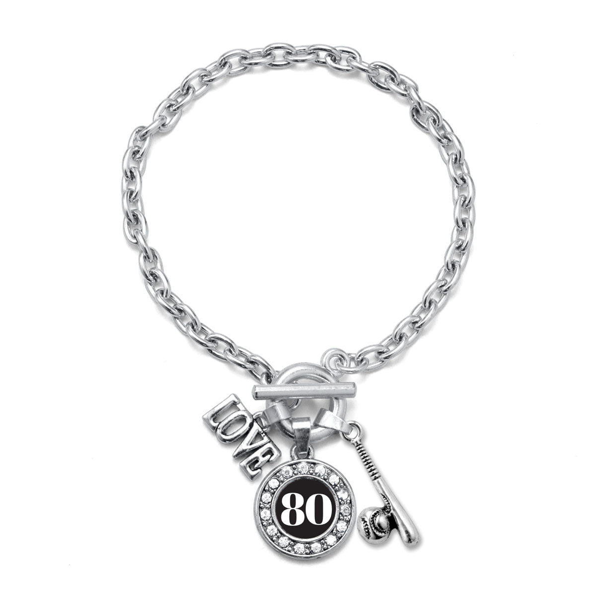 Silver Baseball Bat - Sports Number 80 Circle Charm Toggle Bracelet