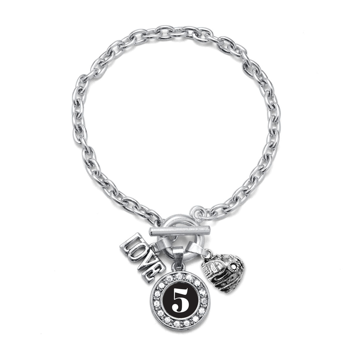 Silver Baseball Glove - Sports Number 5 Circle Charm Toggle Bracelet