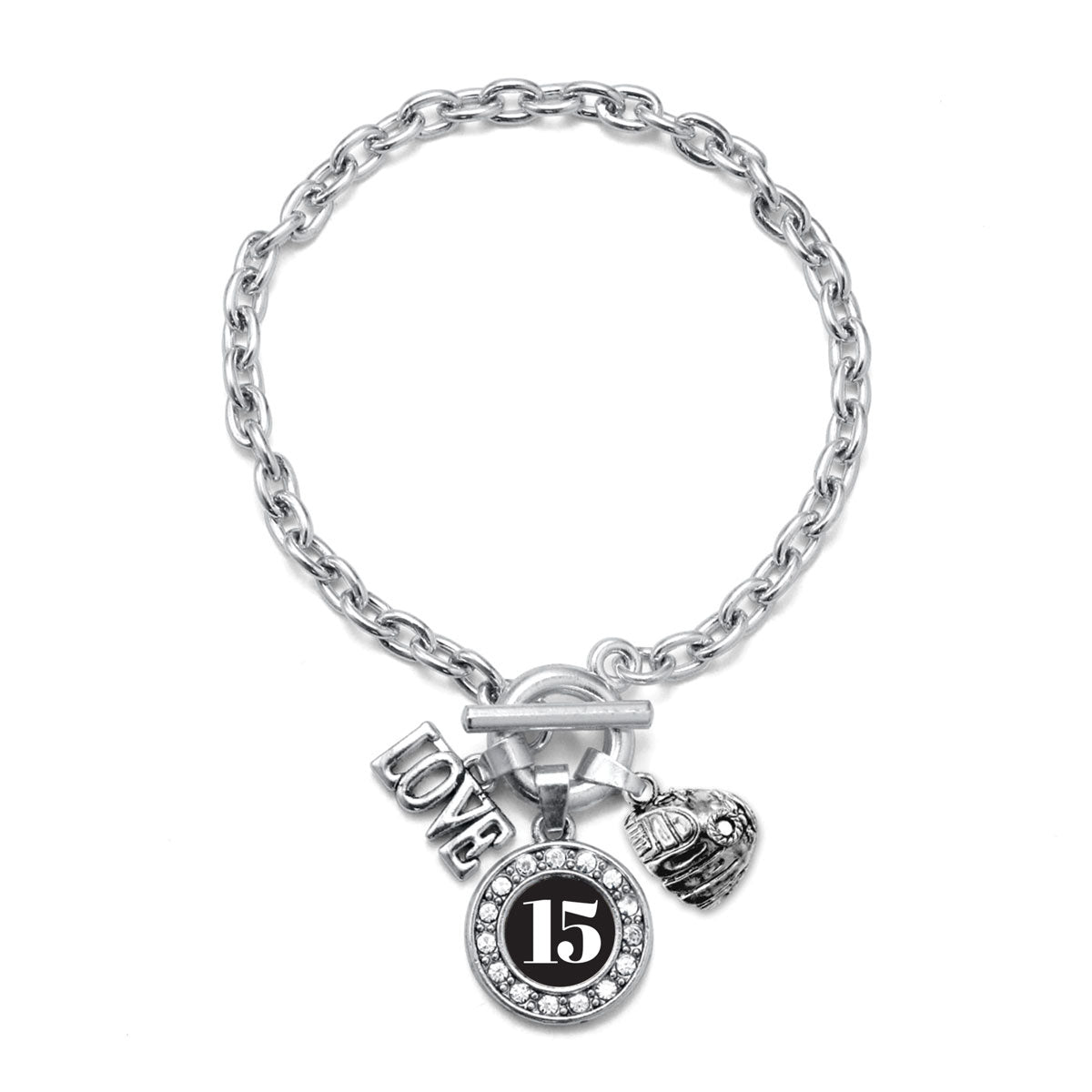 Silver Baseball Glove - Sports Number 15 Circle Charm Toggle Bracelet