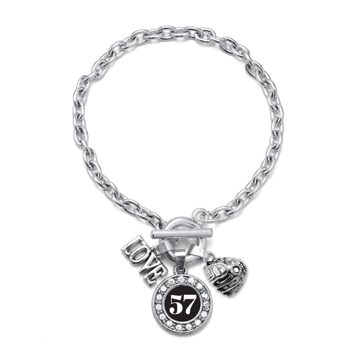 Silver Baseball Glove - Sports Number 57 Circle Charm Toggle Bracelet