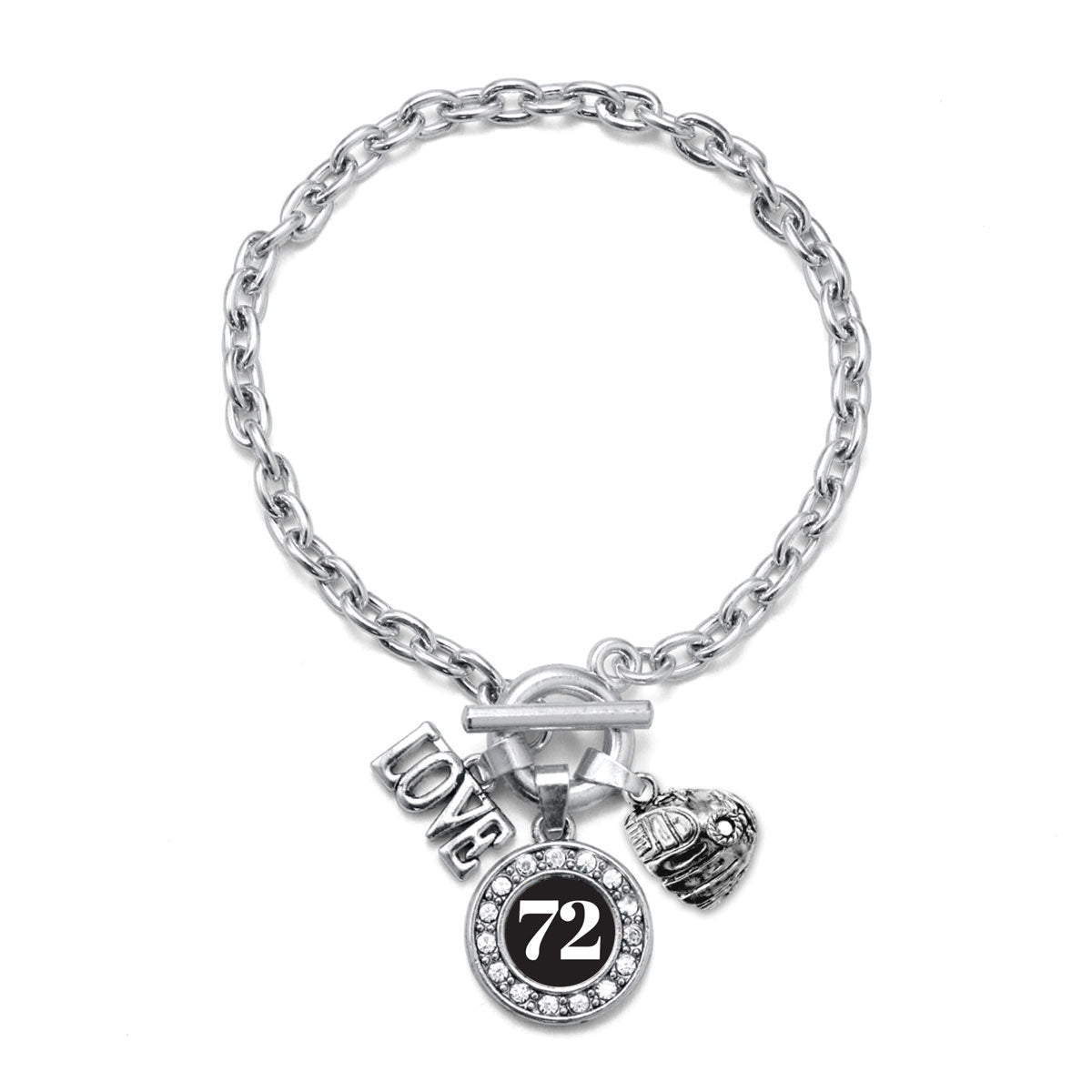 Silver Baseball Glove - Sports Number 72 Circle Charm Toggle Bracelet