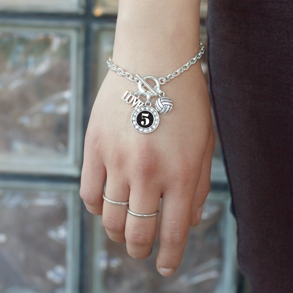 Silver Volleyball - Sports Number 5 Circle Charm Toggle Bracelet