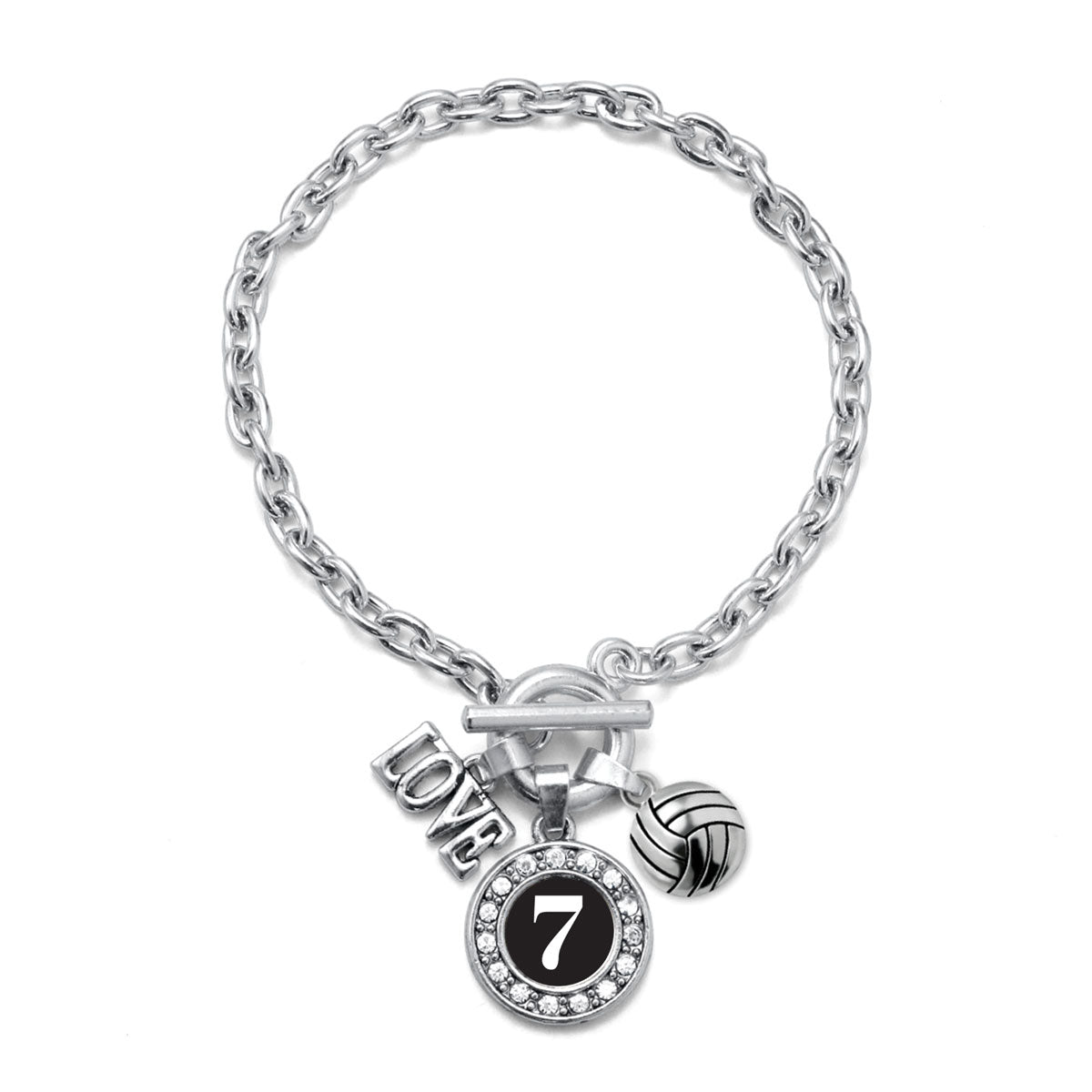 Silver Volleyball - Sports Number 7 Circle Charm Toggle Bracelet