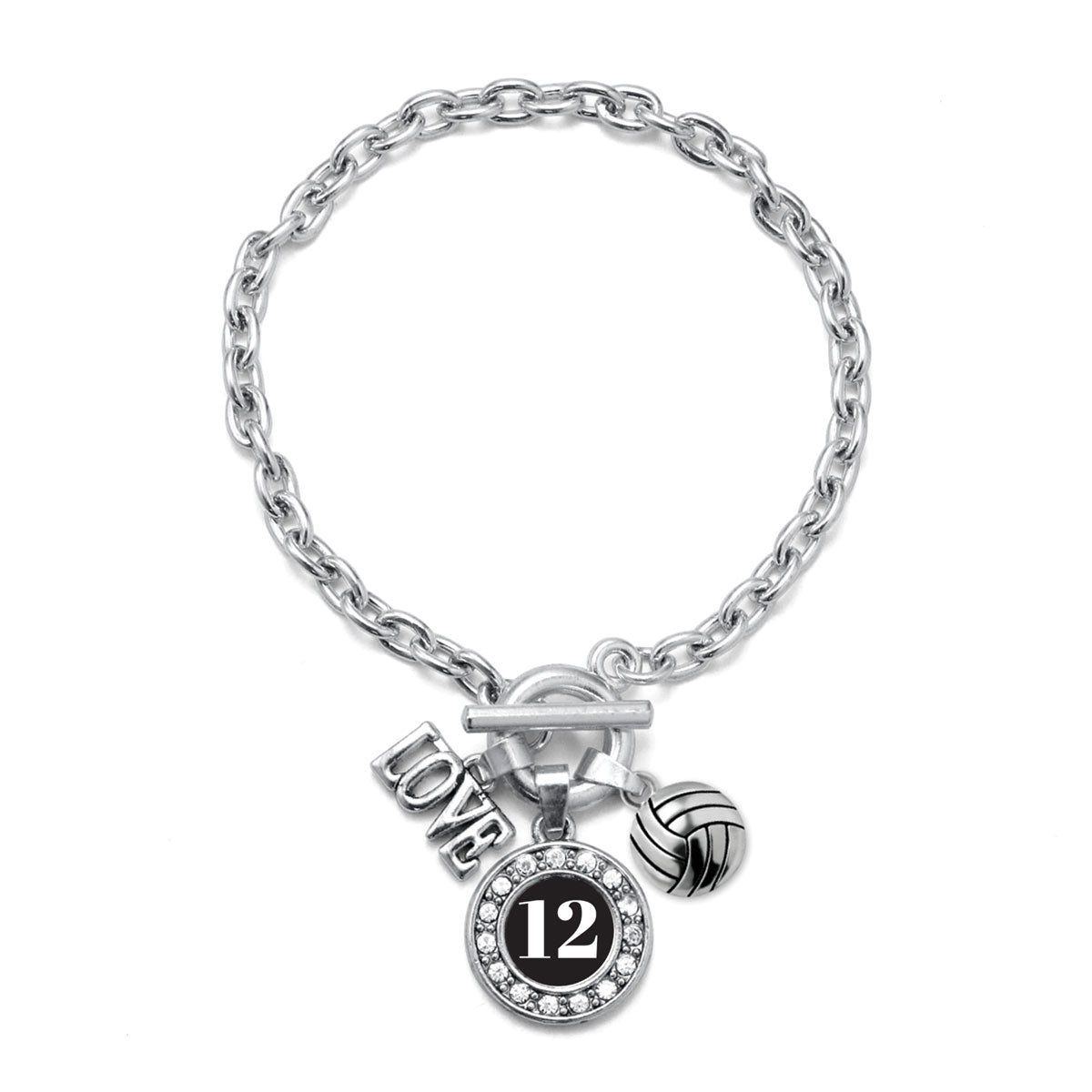 Silver Volleyball - Sports Number 12 Circle Charm Toggle Bracelet