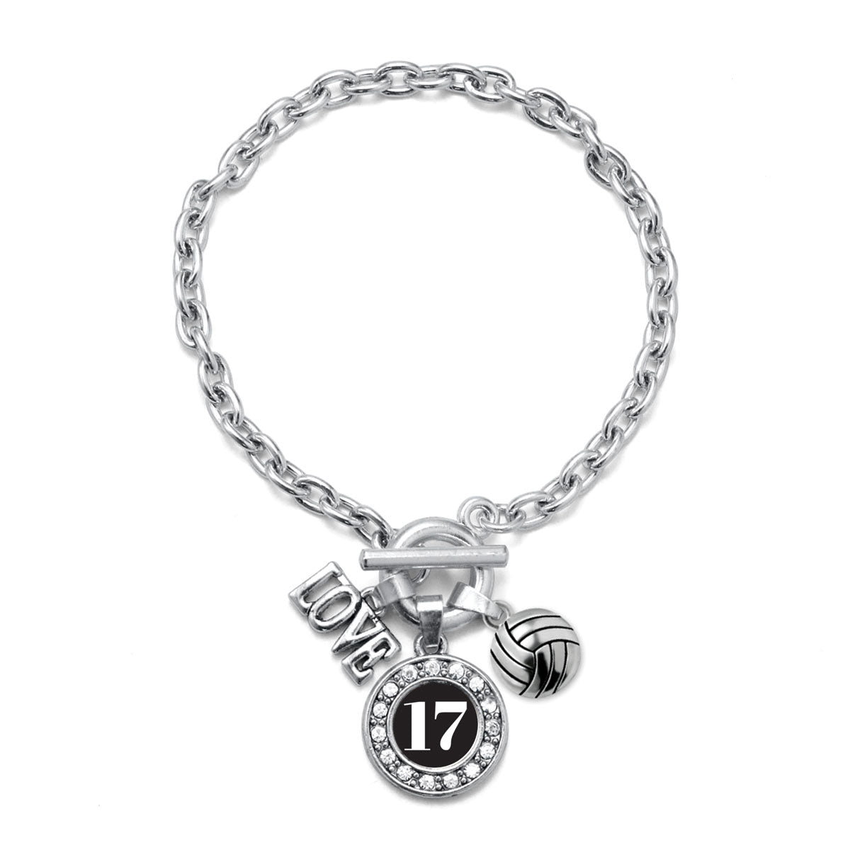 Silver Volleyball - Sports Number 17 Circle Charm Toggle Bracelet