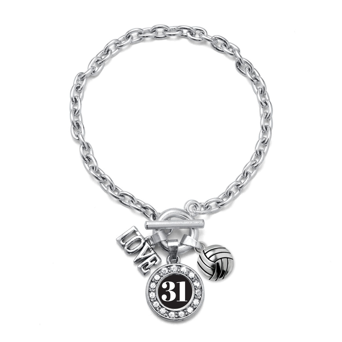 Silver Volleyball - Sports Number 31 Circle Charm Toggle Bracelet