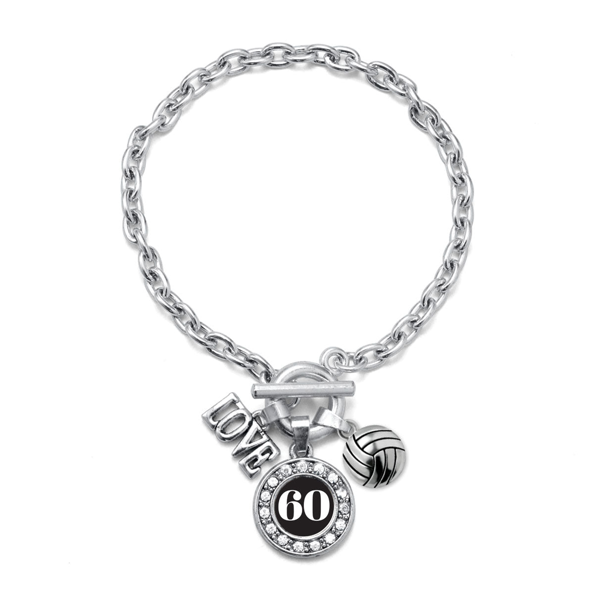 Silver Volleyball - Sports Number 60 Circle Charm Toggle Bracelet