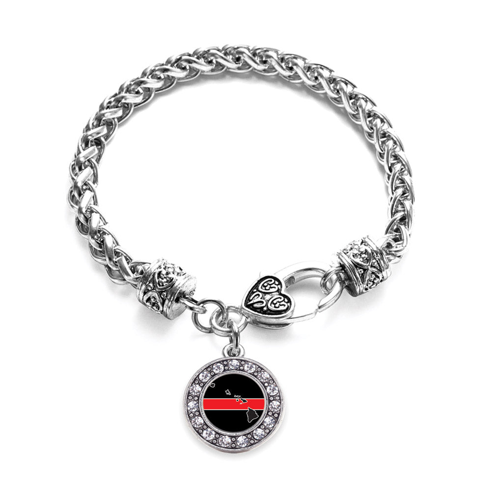 Silver Hawaii Thin Red Line Circle Charm Braided Bracelet