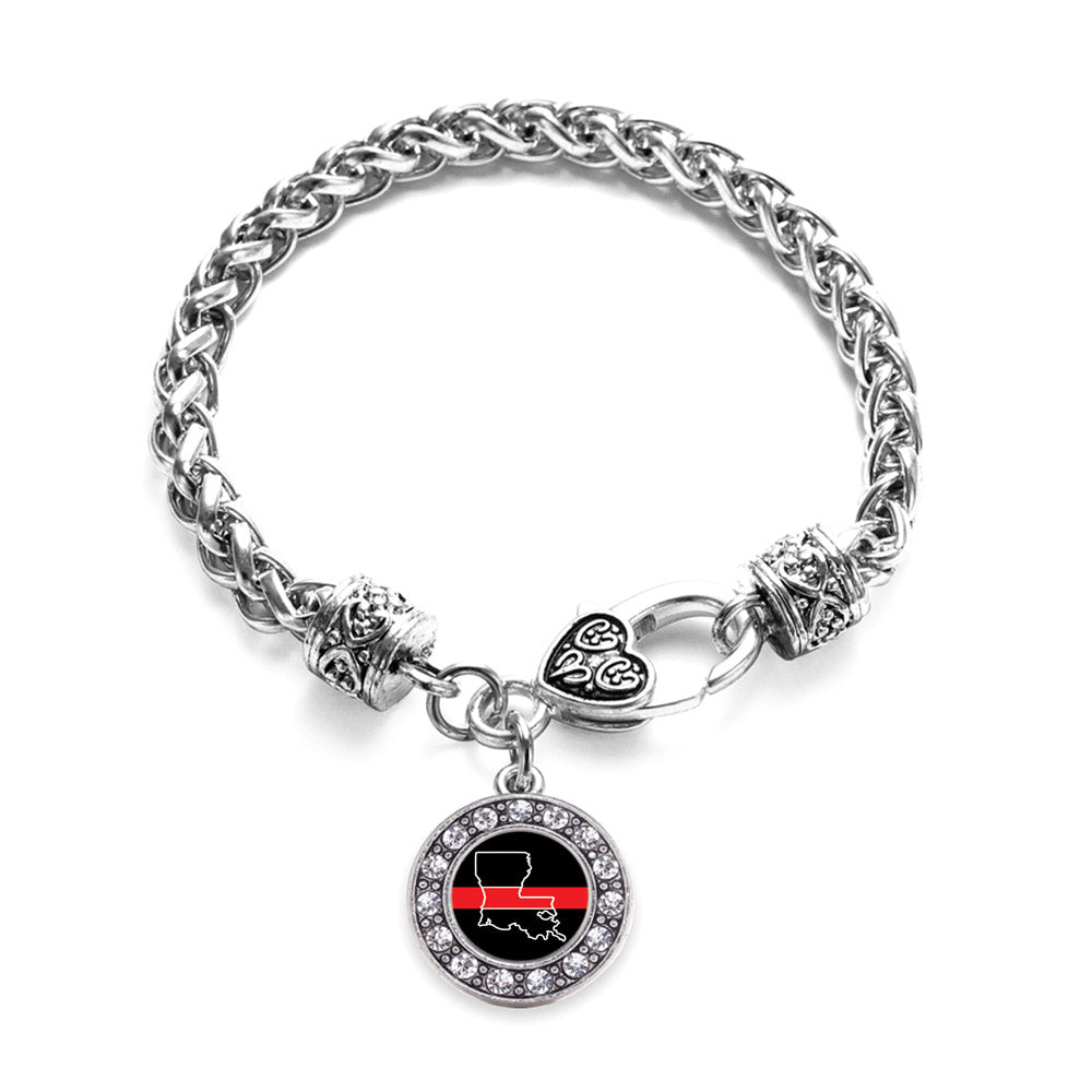 Silver Louisiana Thin Red Line Circle Charm Braided Bracelet