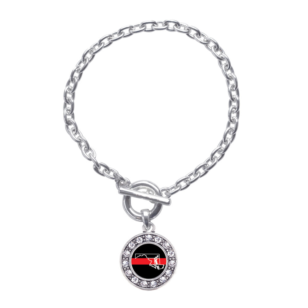Silver Maryland Thin Red Line Circle Charm Toggle Bracelet