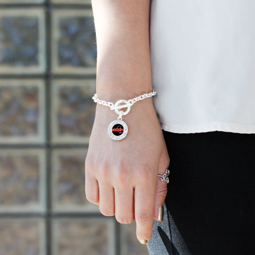 Silver New York Thin Red Line Circle Charm Toggle Bracelet