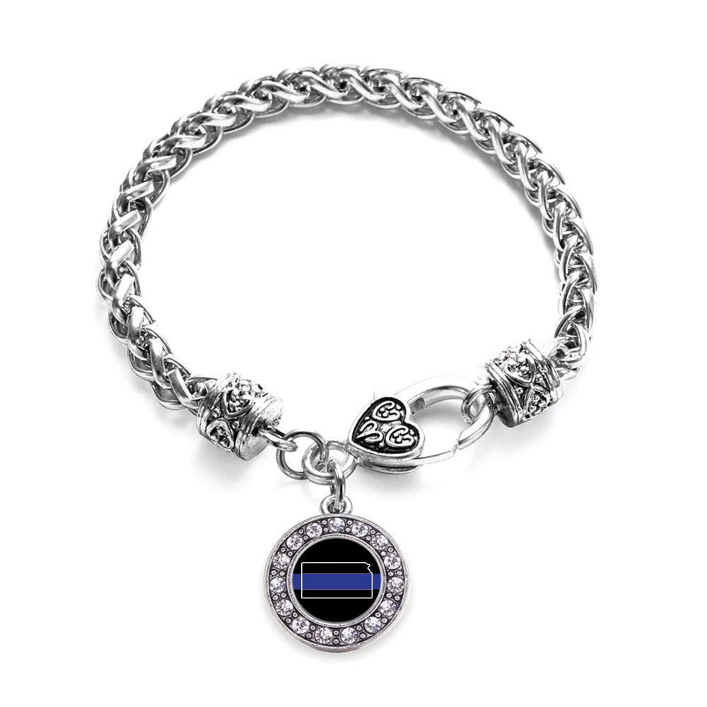 Silver Kansas Thin Blue Line Circle Charm Braided Bracelet