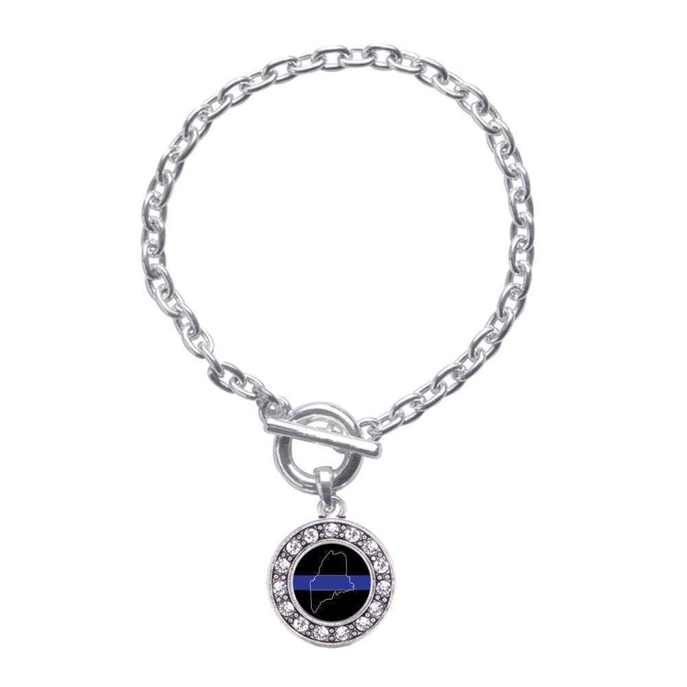 Silver Maine Thin Blue Line Circle Charm Toggle Bracelet
