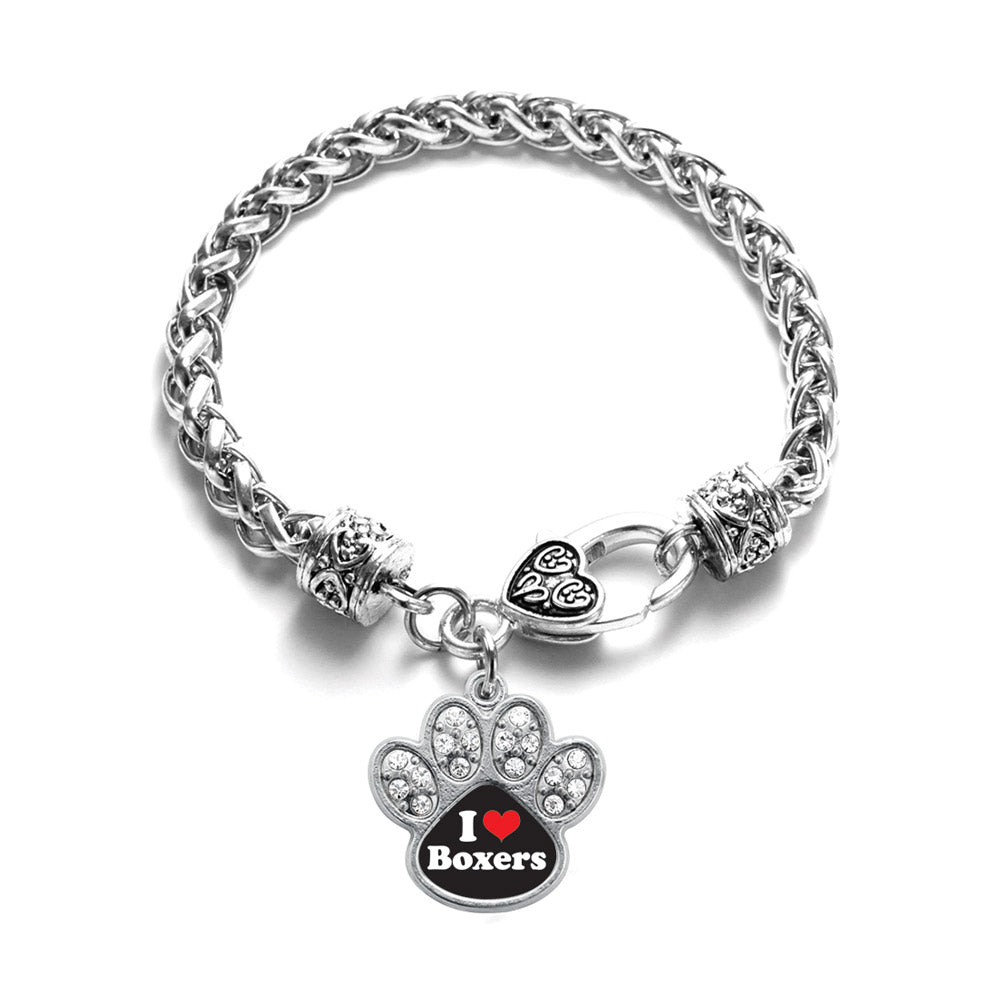 Silver I Love Boxers Pave Paw Charm Braided Bracelet