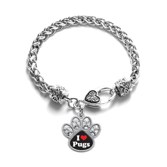 Silver I Love Pugs Pave Paw Charm Braided Bracelet