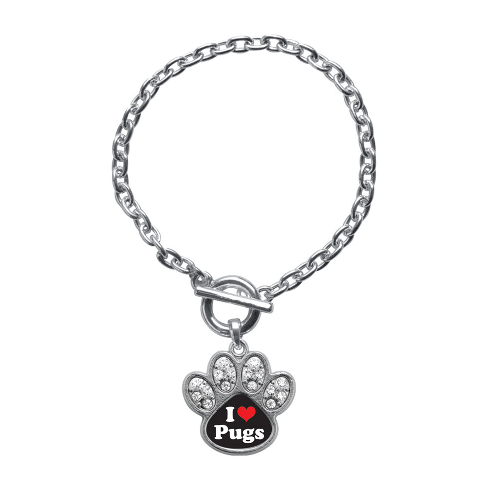 Silver I Love Pugs Pave Paw Charm Toggle Bracelet