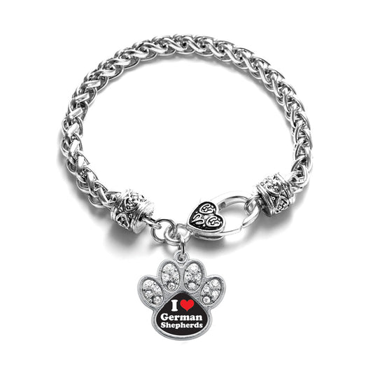 Silver I Love German Shephers Pave Paw Charm Braided Bracelet